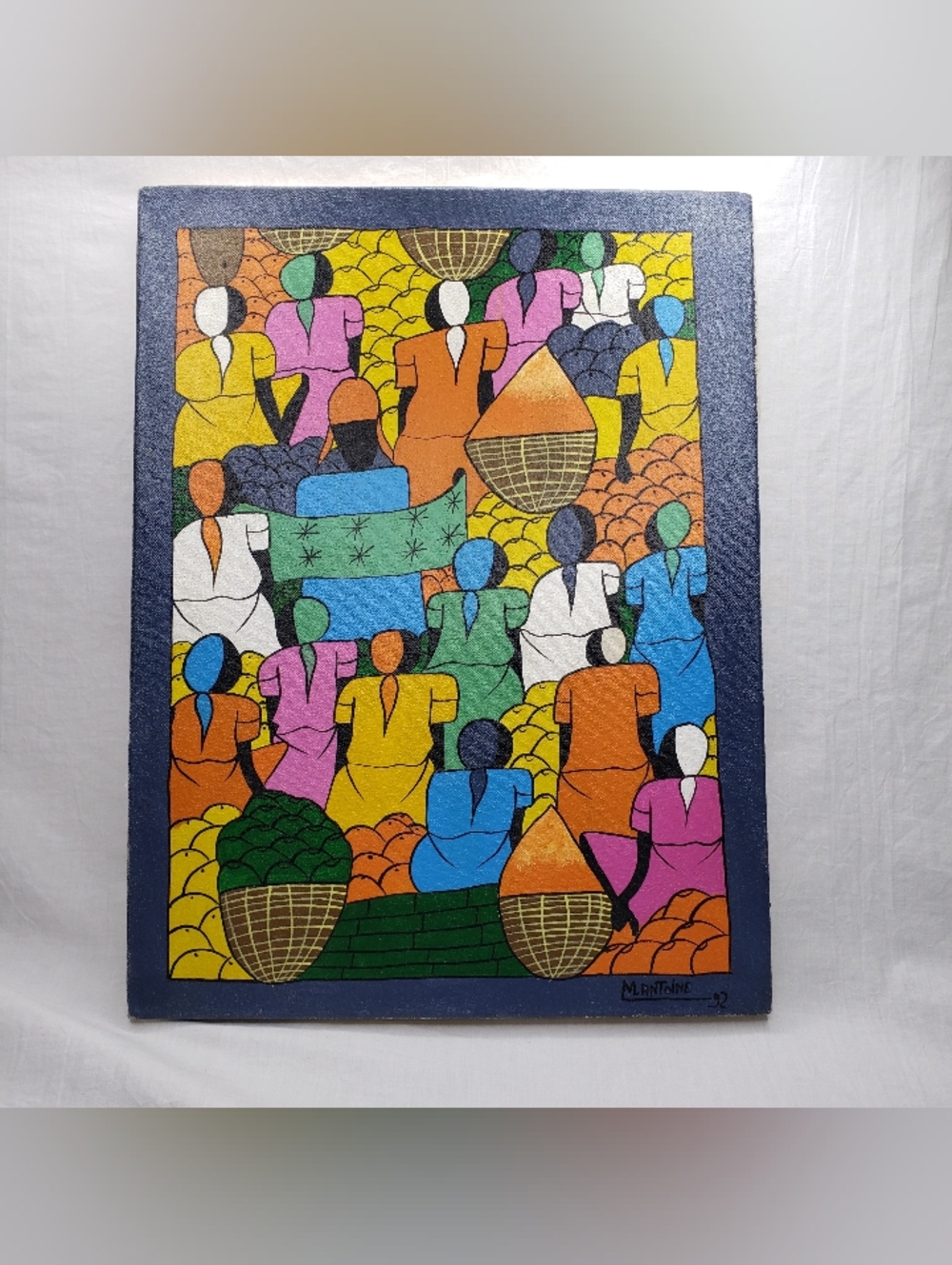 Caribbean Folk Art Original Signed Colorful Market Scene Painting 12.5 X 16 Inch